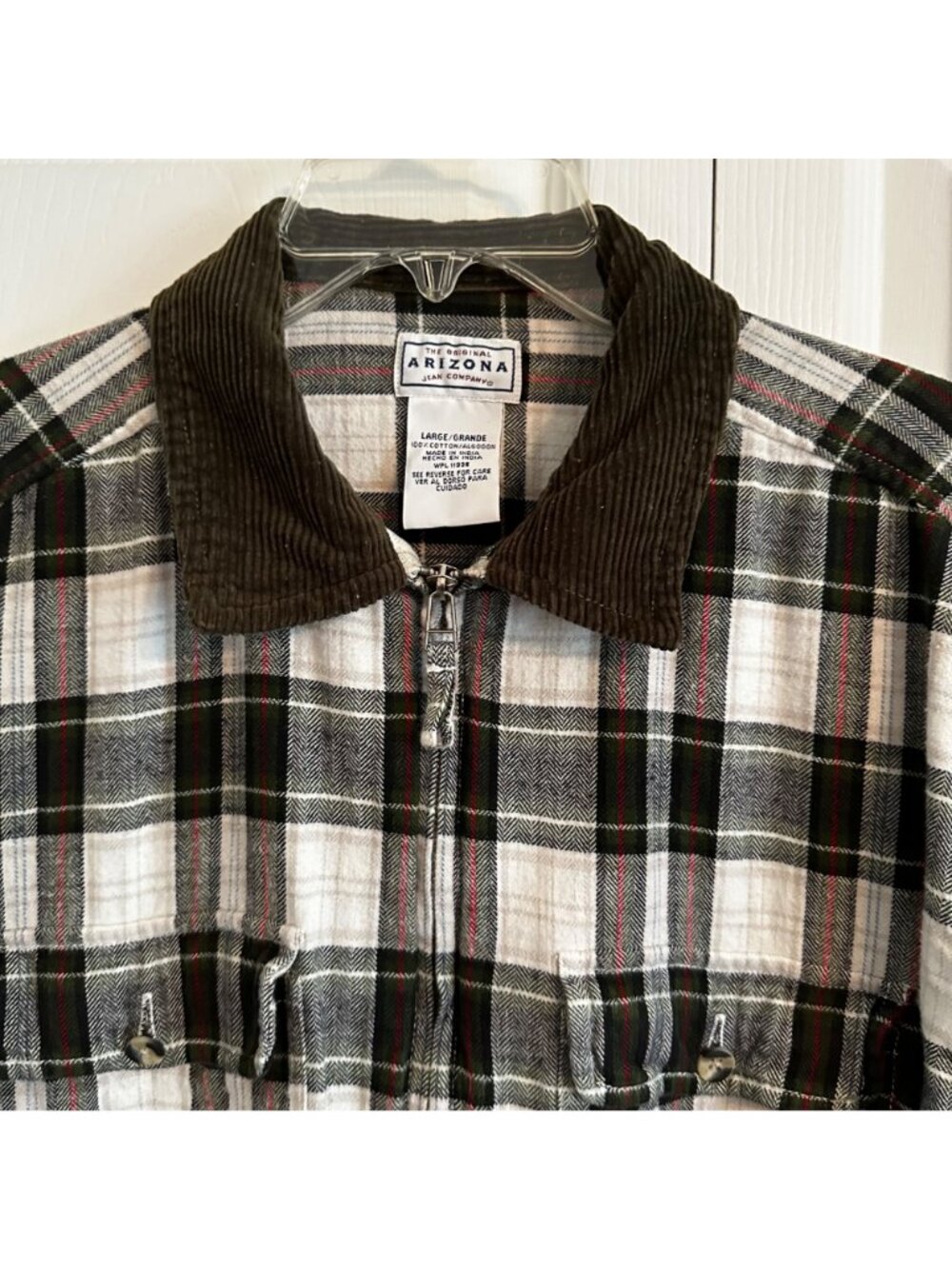 Arizona Plaid Flannel Shacket w/Corduroy Collar Zip Front White/Green/Red/Black - Picture 5 of 11